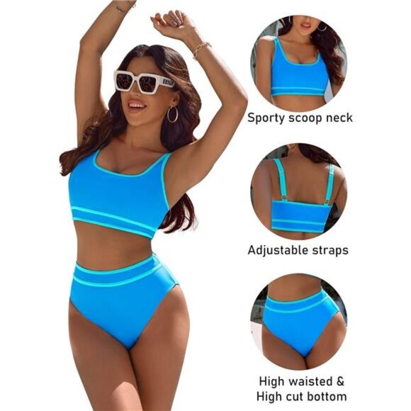 Women's Sporty High Waisted Bikini Set, Color Block Two Piece, Cheeky High Cut - Picture 3 of 6